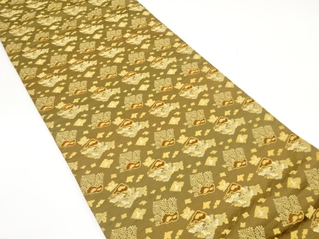 アンティーク　箔散らしに松・鳳凰模様織出し丸帯（材料）